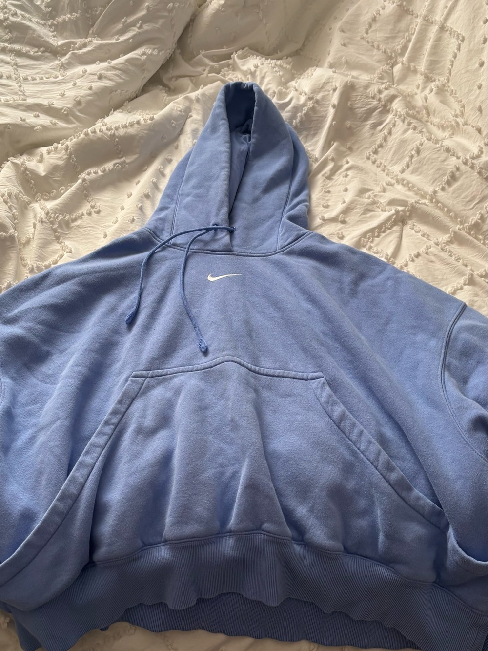 Nike Light Blue Women’s Pullover Hoodie with White Swoosh (wide at bottom)